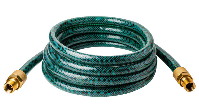 Green garden hose coiled with brass fittings