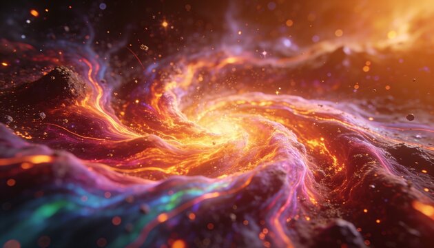 Radiating luminous vortex displaying colorful filaments in deep space, scattering sparks and dust