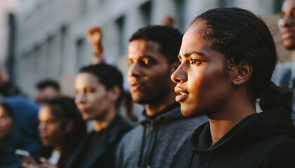 A group of diverse young adults stands together outdoors, attentively focused during what appears to be a public demonstration or rally at sunset.