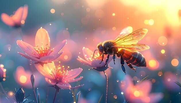 A bee collecting nectar from a flower at sunset (1)
