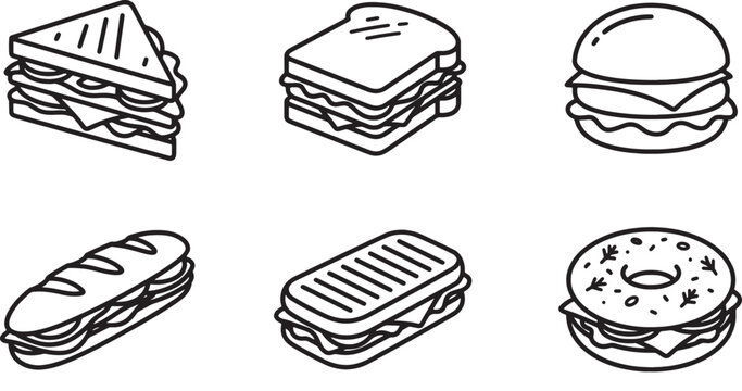 Set of various types of sandwiches and burger icons with sandwich, illustration