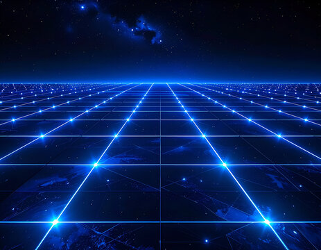 Futuristic Blue Grid Landscape with Stars and Nebula.