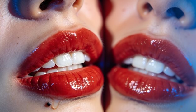 Showing female mouth reflecting in mirror at studio showing glossy red lips labret piercing droplet