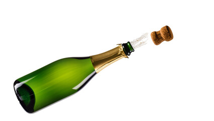 Green champagne bottle with cork popping out and spray © Lukas