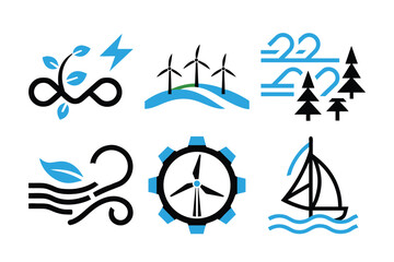 Fototapeta premium Set of vector illustrations for green energy, alternative power sources, nature friendly technologies, and environmental care.