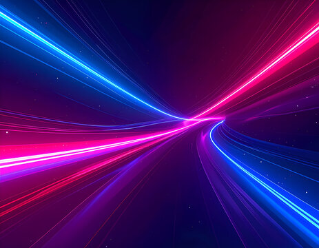Abstract Neon Light Trails Speeding Through Darkness.