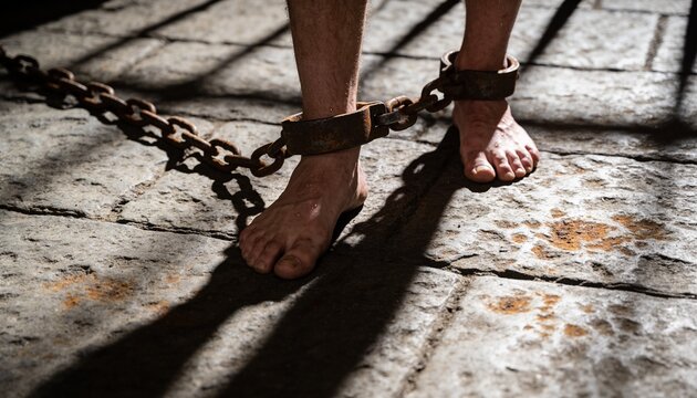 Standing bare male lower legs and feet in stone cell, showing rusty ankle cuffs and chain