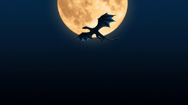 A silhouette of a dragon flying in front of a large, glowing full moon against a dark night sky.