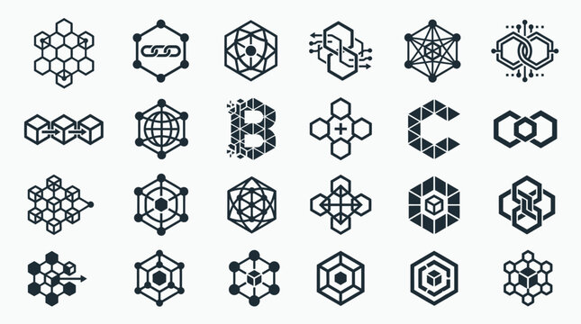 Set of abstract geometric hexagonal icons for technology, digital networking, futuristic science connections, and complex data structures