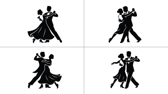 Elegant ballroom dancers performing graceful steps shown as black vector silhouettes on a clean white background