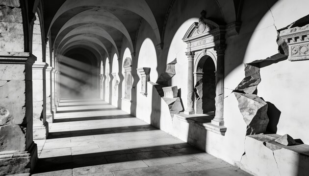 Revealing arched corridor with stone columns and barrel vault in monastery cloister, showing shafts