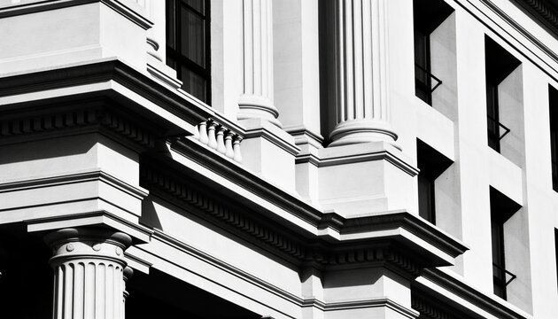 Framing classical facade corner at city street, showing fluted columns, dentil cornice, shadows