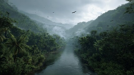 Obraz premium A rainforest river winds through dense tropical jungle, surrounded by lush greenery and exotic birds, with mist hanging in the humid air, depicting untouched wilderness with rich detail