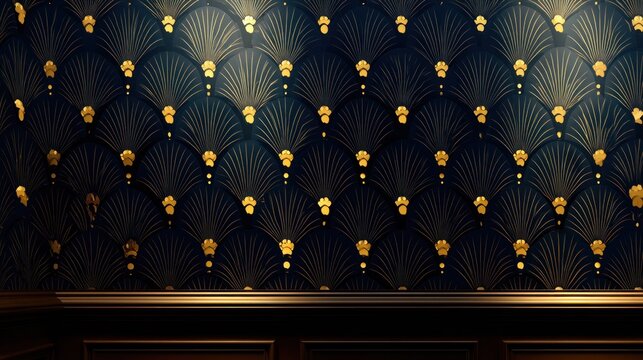 Ornate dark blue and gold repeating fan pattern adorns an interior wall above dark wooden wainscoting