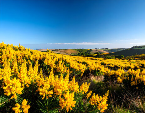 Vibrant Yellow Gorse Flowers Blooming on Rolling Hills Under a Clear Blue Sky.