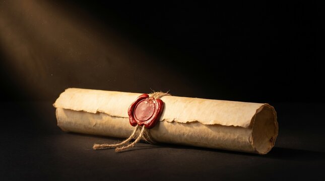 An ancient scroll sealed with red wax, illuminated by a dramatic beam of light against a dark background.