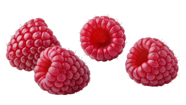 Four ripe red raspberries with visible drupelets