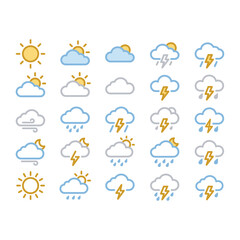 Obraz premium Weather Icons Collection Flat Line Style On White Background