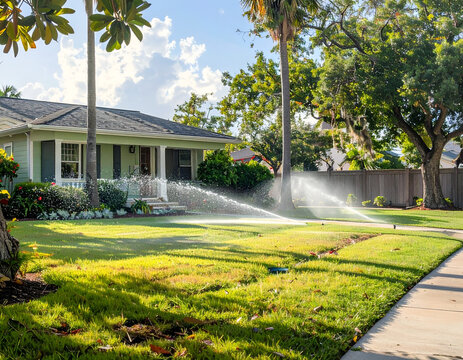 Suburban Home Lawn Irrigation System Watering Green Grass and Plants.