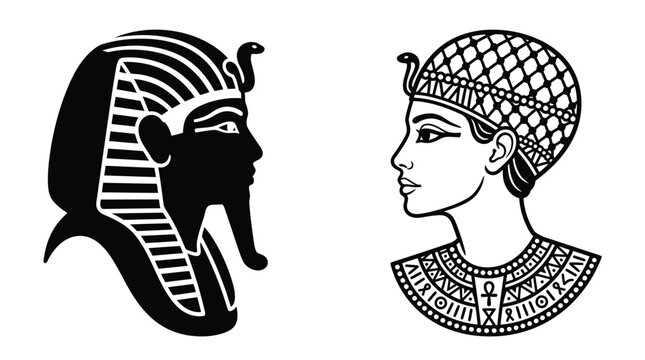 Artistic black and white profile illustrations of an ancient Egyptian pharaoh and a royal queen