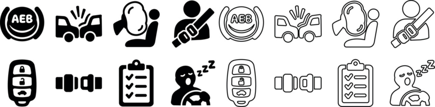 Car safety and driver alert icons including AEB, seatbelt, and driver drowsiness