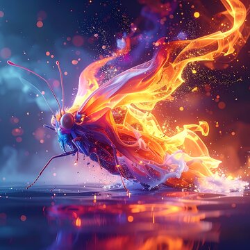 A vibrant, abstract depiction of a moth consumed by swirling flames