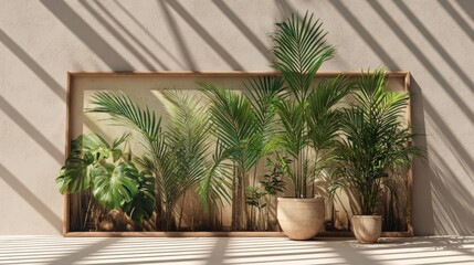 Fototapeta premium Lush tropical foliage arrangement displayed within a large wooden frame rests against a textured wall illuminated by striped light and shadow.