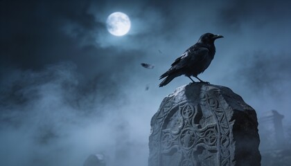 Obraz premium Perching black raven settling on grave Celtic knotwork at cemetery under full moon fog, copy space