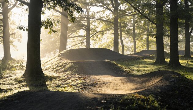 Winding compacted trail curving through sunlit woods, showing earthen berms, sunbeams, shadows
