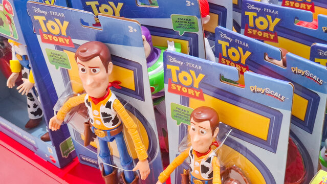 Collectible Woody action figure toys from Disney Pixar Toy Story franchise in original blister packaging displayed on May 18, 2026 in Bangkok, Thailand