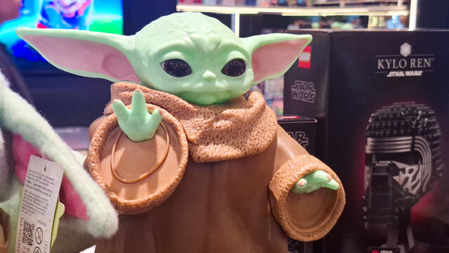 Collectible Grogu character figure from Star Wars The Mandalorian franchise displayed on a shelf at a pop culture merchandise shop on May 18, 2026 in Bangkok, Thailand