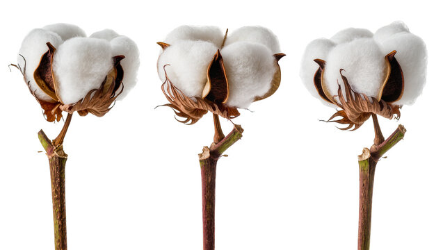 Three cotton bolls on stems with brown seed pods and white fluffy fibers
