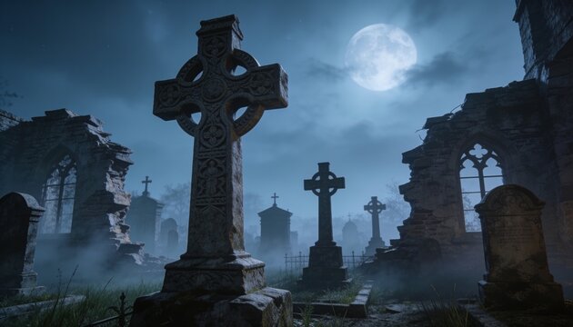 Standing carved Celtic cross dominating ruined churchyard at night, with moonlit mist and moss