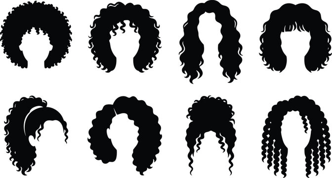 Curly Hair Style Silhouette Collection with Diverse Women Hairstyles Vector Set