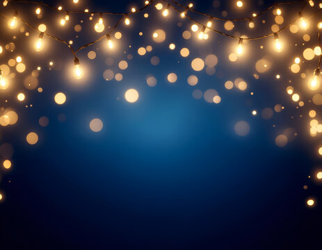 A warm and inviting scene features a string of glowing light bulbs suspended against a deep blue background, creating a magical and festive atmosphere.