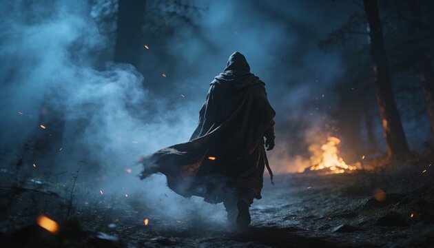 Walking hooded figure wearing cloak and boots along forest path at night, with small ground fire