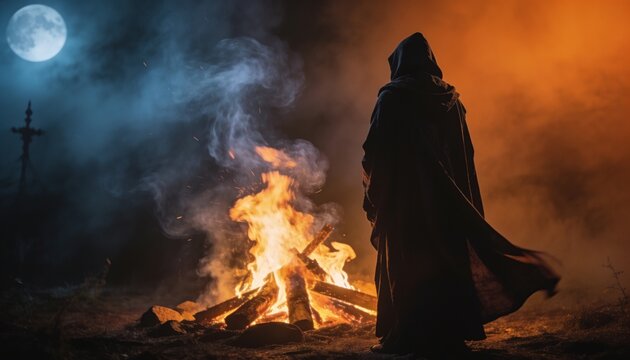 Standing hooded figure wearing dark cloak watching bonfire at field, with smoke, cross, copy space