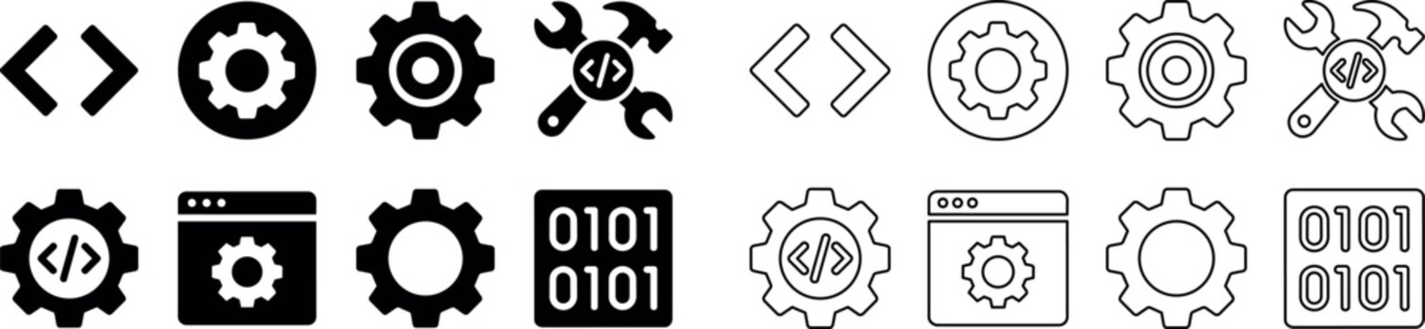 Set of software development icons with code, gears, wrench, and binary symbols
