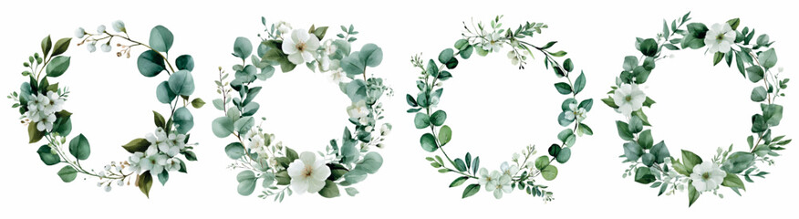 Watercolor eucalyptus and white floral wreaths, a beautiful botanical collection creating elegant natural frames for wedding invitations, borders, and decorative designs © Mari