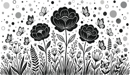 Naklejka premium Elegant Black Floral Botanical Pattern Hand Drawn Illustration
