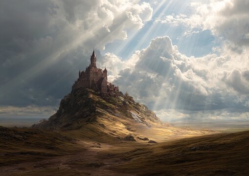 Castle on a Hill - A Majestic Fortress Amidst Dramatic Skies.