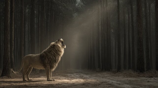 Powerful male lion stands on forest floor vocalizing toward shafts of light penetrating dense woods