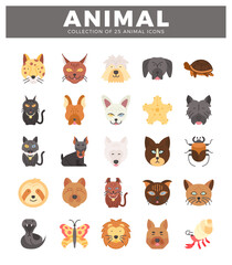 Fototapeta premium Cartoon animal icon collection with diverse pet and wildlife faces on white background.