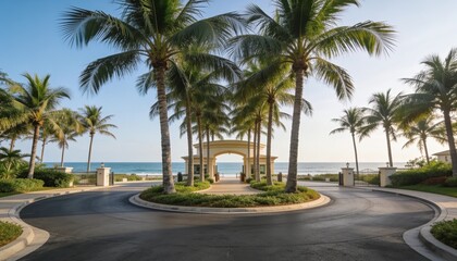 Fototapeta premium Framing arched pavilion and median revealing ocean horizon at beach entrance, with palms gates