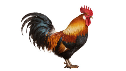 Rooster with vibrant orange black, and blue plumage