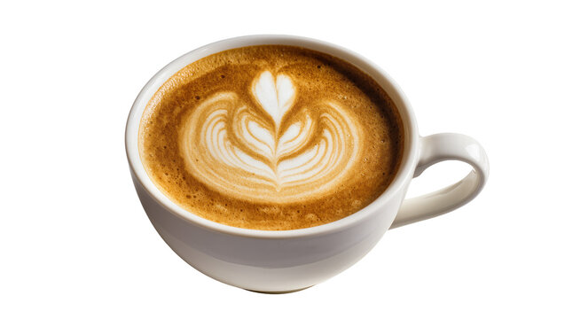White cup of latte with heart and leaf latte art