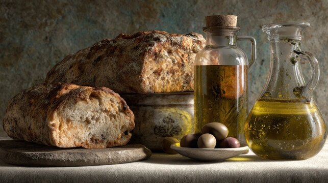 Rustic loaves of bread and glass cruets filled with golden oil sit beside a small dish of ripe fruit