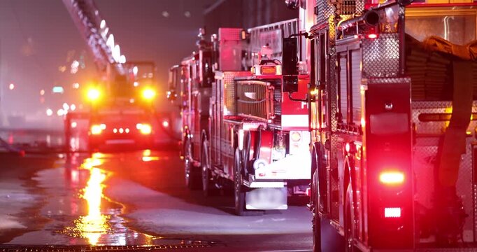 A Fire Engine with flashing red lights arrives at the scene of an emergency at night.