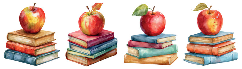 Watercolor apples balancing on stacks of colorful books, creating an artistic representation of school, studying, and the importance of knowledge and education © Mari