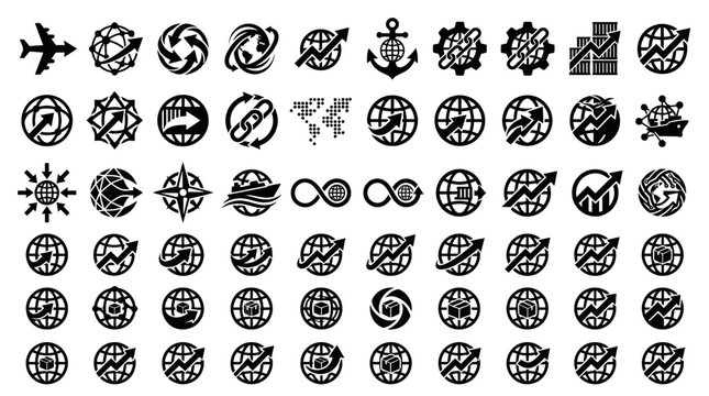 Set of global business, logistics, and financial trade icons featuring globes and arrows on white background